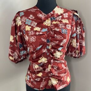Ulla Johnson Floral Puff Sleeve Blouse in Red and Yellow